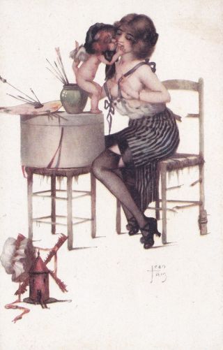 Risqué Semi Nude Beauty Woman Cupid By Jean Tam 1920s Vintage Art Deco Postcard