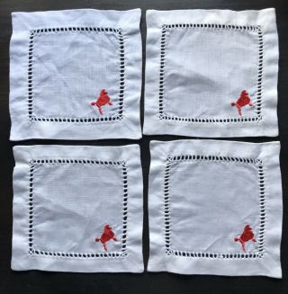 4 Vintage White Linen Coctail Napkins With Red Embroidered Poodle