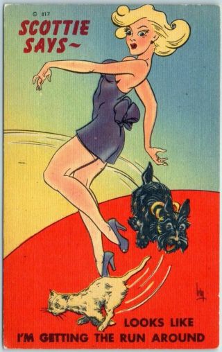 1940s Pin - Up Girl Postcard Artist - Signed Irby Dog Scottie Says 817 Mwm Linen