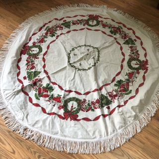 Vintage Christmas Holiday Tablecloth 61” Round White With Trees Ornaments Fringe