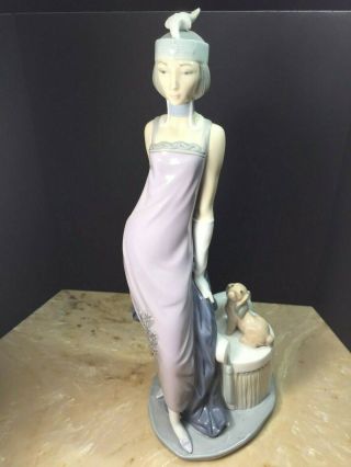 Lladro Art Deco Girl With Dog Porcelain Figure 13.  4 " Tall