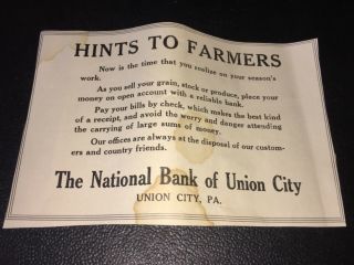 1922 National Bank Of Union City,  Hint To Farmers,  Union City,  Pa,  Ad