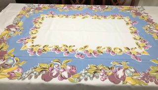 Vtg Tablecloth Printed Bright Blue Mauve Pink Fruit Vivid Colors 1950’s Euc