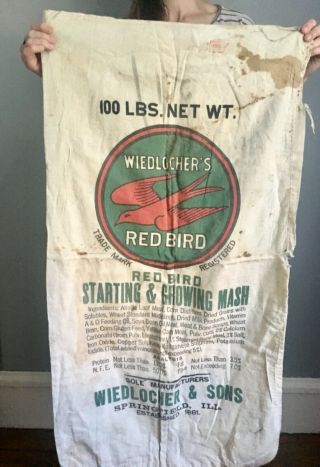 Vtg Lg Antique Red Bird Wiedlocher’s Mash Feed Seed Sack Bag Sign Springfield Il
