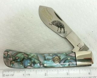 Bulldog Brand Cotton Sampler Knife,  1996,  Faux Abalone Handles,  Boll Weevil Etch