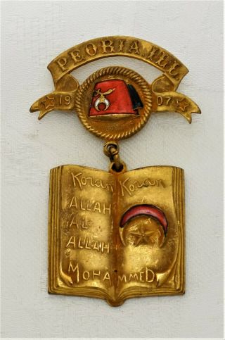 Shriners Masonic Badge Antique Pin Enamel Peoria Ill Koran Allah Mohammed 1907