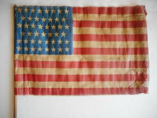 Antique " 46 " Star American Flag 16 " X 11 " On 30 " Wood Stick 1907 - 1912