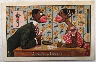 C1910 A Trick In Hearts Playing Cards Romance Racist Black Americana Postcard