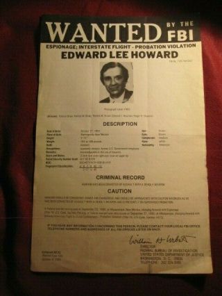 Vintage Fbi Wanted Poster,  1985,  Edward Lee Howard,  Rogue Cia Agent Russian Kgb Spy