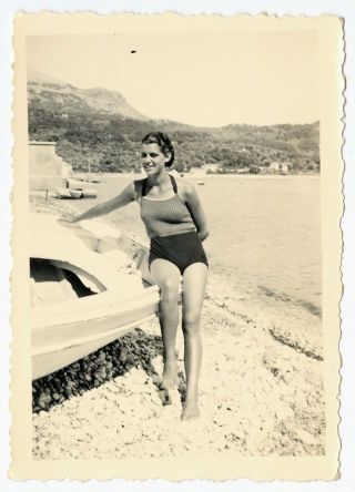 Vintage Photo Young Sexy Swimsuit Woman In Hot Pants Pose At The Beach