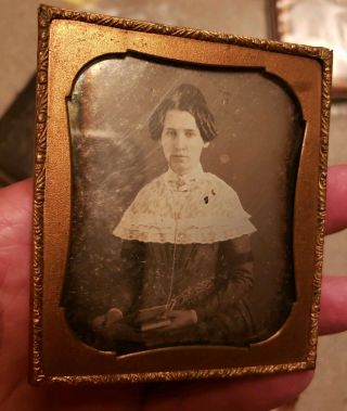 Young Woman Holding Book 1/6 Plate Daguerreotype In Leather Case Circa 1840s.