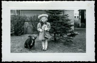 Vintage Photo Adorable Little Girl Matching Easter Outfit Purse Dog Shaking Head