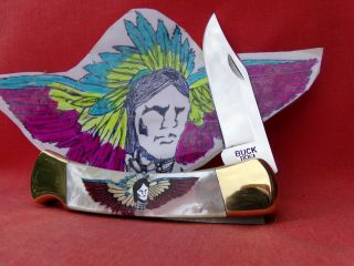 Buck 110 Native Talisman Wings Of Many Colors Pearl Background Brass Bolsters Nr