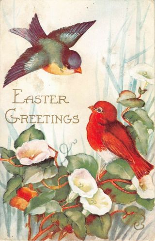 Pretty Birds With Morning Glories On Old Art Deco Whitney Easter Postcard
