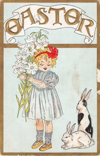 1919 Art Deco Easter Postcard Of Cute Little Girl With Lilies & Bunnies - No.  1007