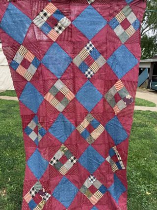 Vintage Hand Pieced Early Nine Patch Small Quilt Top In Early Calicos