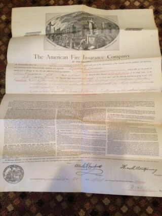 1887 The American Fire Insurance Company " Firefighting Vignette " Policy