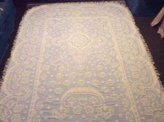 Chenille Vintage Bedspread Blanket Beige Off White With Fringe 115” L X 92.  5” W