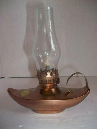 Vintage Miniature Copper Metal Aladdin Table Oil Lamp Glass Chimney Mid Century