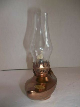 Vintage Miniature Copper Metal Aladdin Table Oil Lamp Glass Chimney Mid Century 2