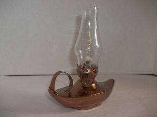 Vintage Miniature Copper Metal Aladdin Table Oil Lamp Glass Chimney Mid Century 3