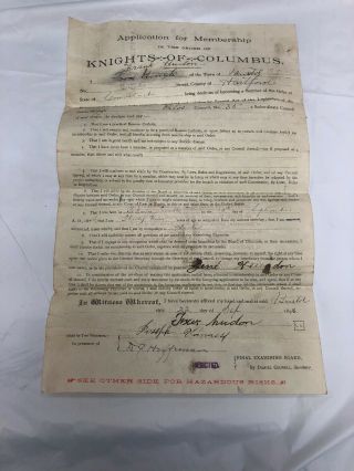 Knights Of Columbus Application For Membership Antique 1892 Bristol Connecticut