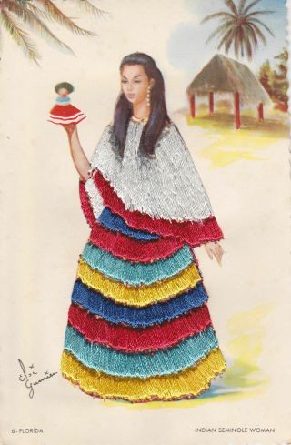 Old Embroidered Seminole Indian Women Holding Seminole Doll Florida Colorful