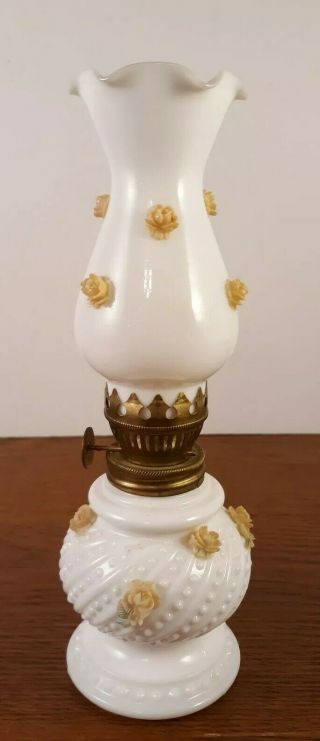 Vintage Small Milk Glass Hobnail & Rose Oil Lamp 7 3/4 "