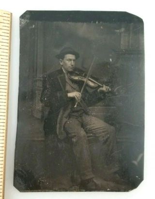 Antique Tintype Photo Fiddle Violin Player Man 1860 