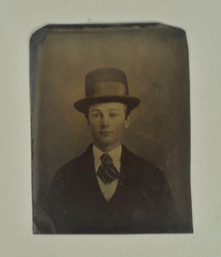 Antique Tintype Photo Portrait Of A Young Handsome Man Wearing Top Hat