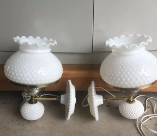 2 Vintage Hobnail White Milk Glass Hurricane Wall Mount Lamp Sconce Lights
