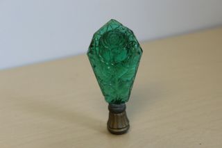 Vintage 3 3/8 " Emerald Green Glass Lamp Finial - Embossed Roses