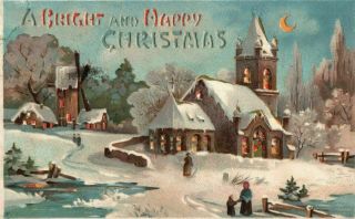 Christmas Postcard - Hold To The Light Church Snow Village Moon Htl - C863
