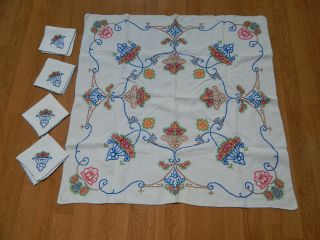 Vtg Hand Embroidered Tablecloth Napkin Set Floral Linen Mid Century