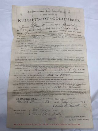 Knights Of Columbus Application For Membership Antique 1893 Bristol Connecticut