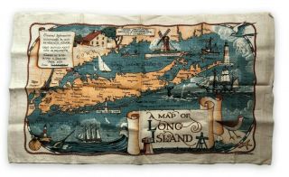 Vintage A Map Of Long Island Linen Tea Towel Richard Batchelder Nautical Design