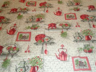 Vintage Kitchen Curtain 1 Panel 30 X 33 Red Gray Utensils Coffee Pot Flowers