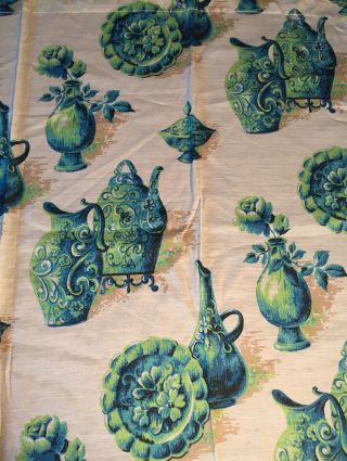 3 Vintage Curtains Blue Green Teapots Vases Retro Cafe Kitchen Curtains Set