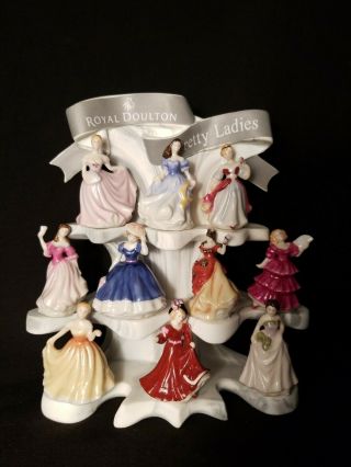 Royal Doulton 10 Tiny Pretty Ladies Set W/ Stand Mini Figurines Victorian Dress