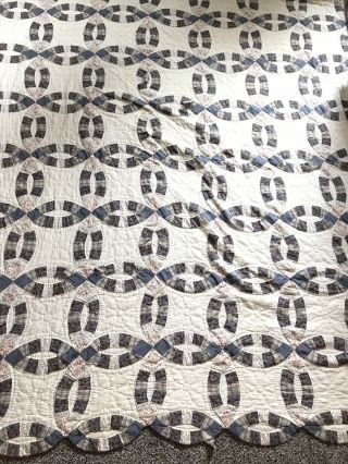 VTG Hand Crafted Double Wedding Ring Quilt Blue Queen 83 