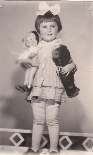 1950s Cute Little Girl W/ Doll & Teddy Bear Toys Old Russian Soviet Photo