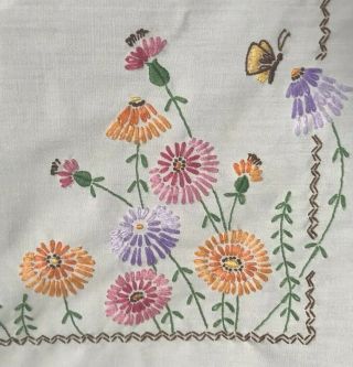 Vtg Tablecloth Embroidered Floral Butterfly Cream Cotton Blend 48 " X50 "