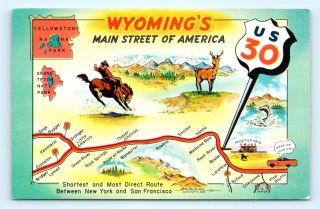 Postcard Wy Wyoming Us Route 30 Lincoln Highway Map Main Street Of America J10