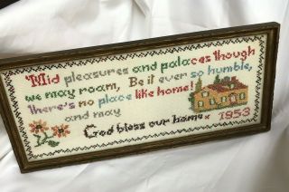 Vintage 1953 God Bless Our Home Cross Stitch Sampler,  Framed 7 X 17 Home Flowers