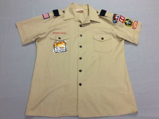 Vintage Boy Scouts Of America Beige Short Sleeved Patches Camp Shirt Mens Large