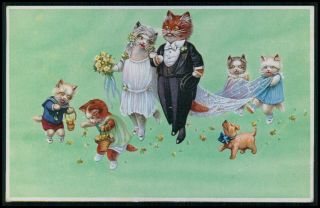 Art Dressed Cat Marriage Wedding Bride Old 1910s Postcard