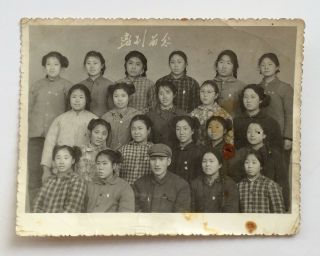 Chinese Girls Farewell Chairman Mao Badge (?) China Culture Revolution Photo