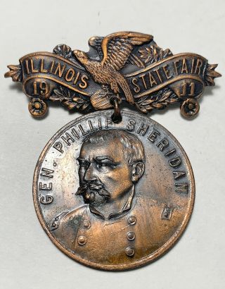 1911 Illinois State Fair Commemorative Pin Back Medallion Civil & Spanish Wars