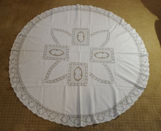 Vintage 58 " Round Cotton Tablecloth W/ Figural & Lace Inserts