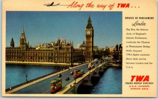 Vintage Twa Trans World Airlines Advertising Postcard London Parliament C1950s